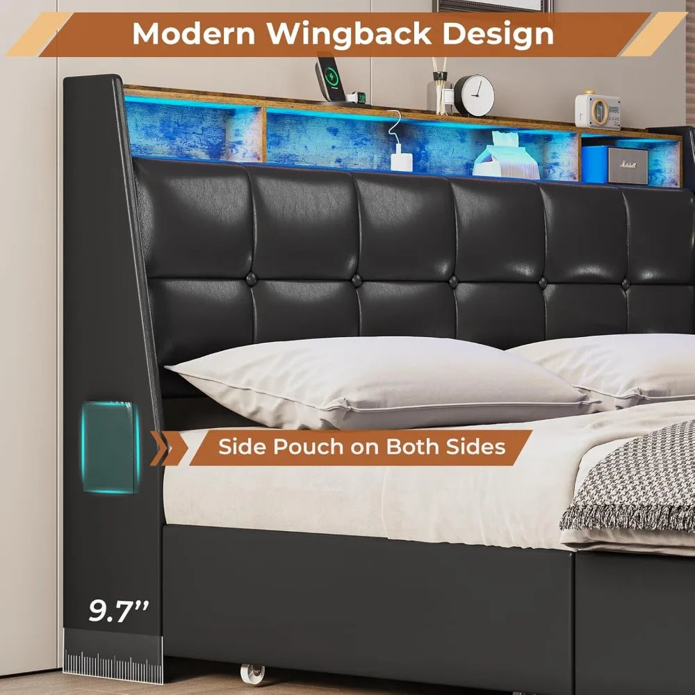 King Size Bed Frame W 4 Storage Drawers,Charging Station and LED Lights,Upholstered Bed Frame W Button Tufted Wingback Headboard