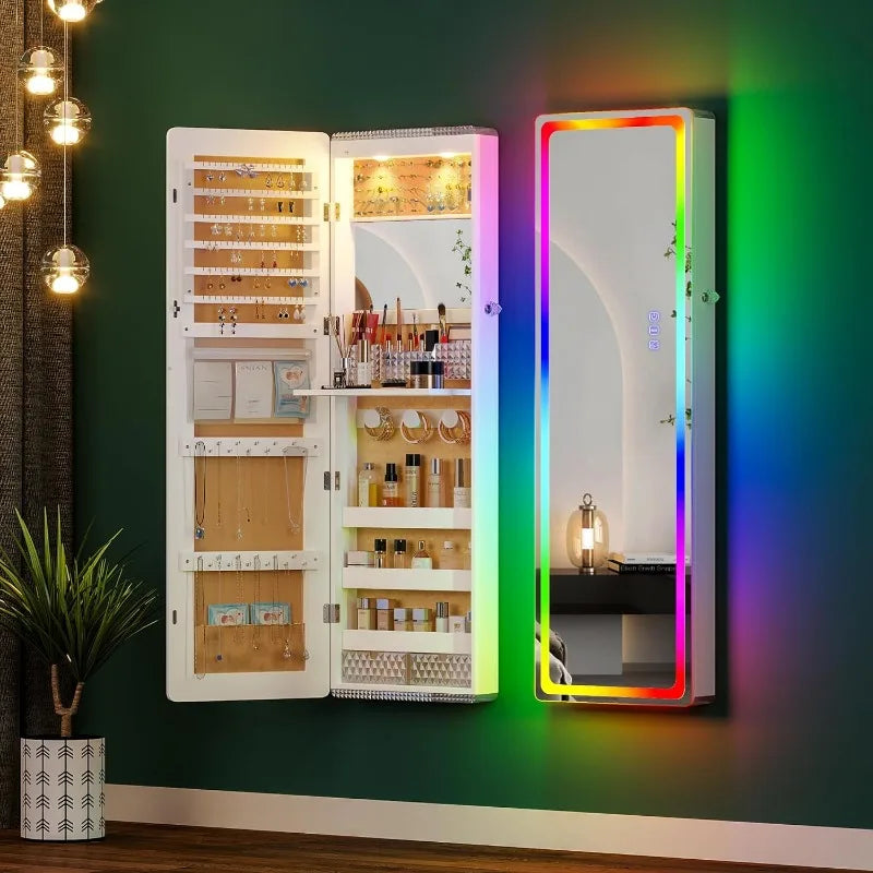 LED Mirror Jewelry Cabinet with RGB Lights,47.2" Wall Mounted Jewelry Organizer with Full-Length Mirror,Over the Door Hanging