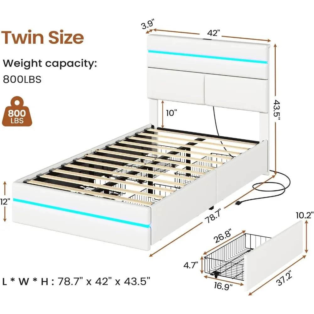 Twin Size Bed Frame with 4 Storage Drawers & Headboard, Charging Station, Led Upholstered Bed Frame