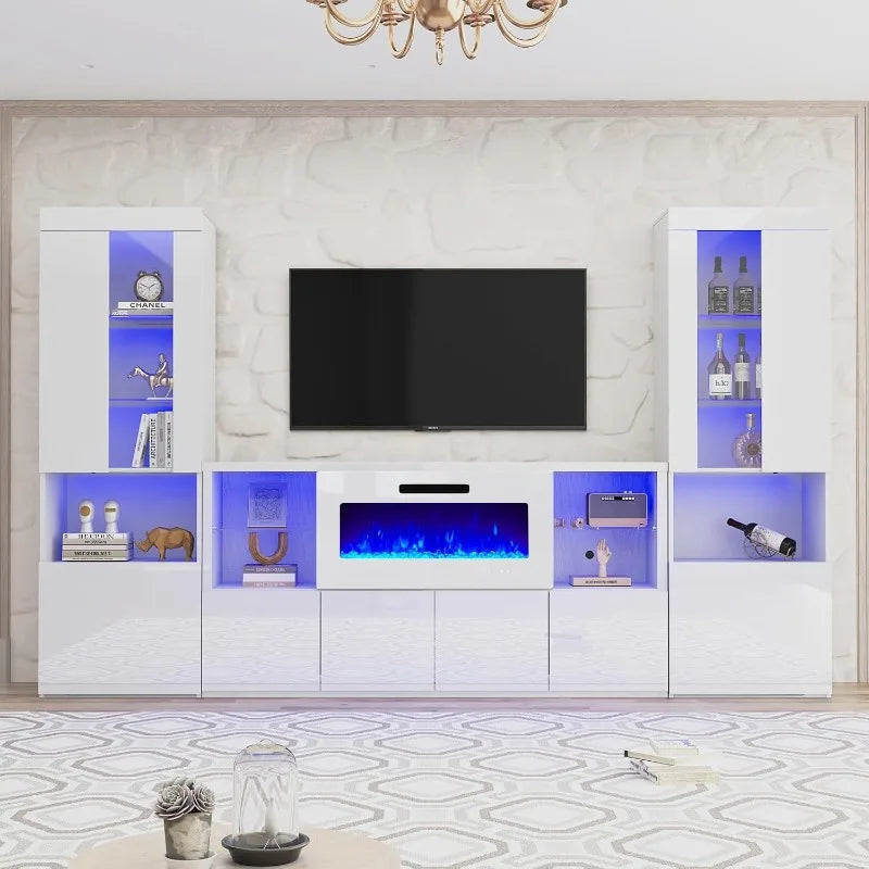 3 Piece Modern High Gloss Fireplace TV Stand + Bookcase Set ， Includes 68" TV Stand with 40" Fireplace, 2 X Bookcase with Doors