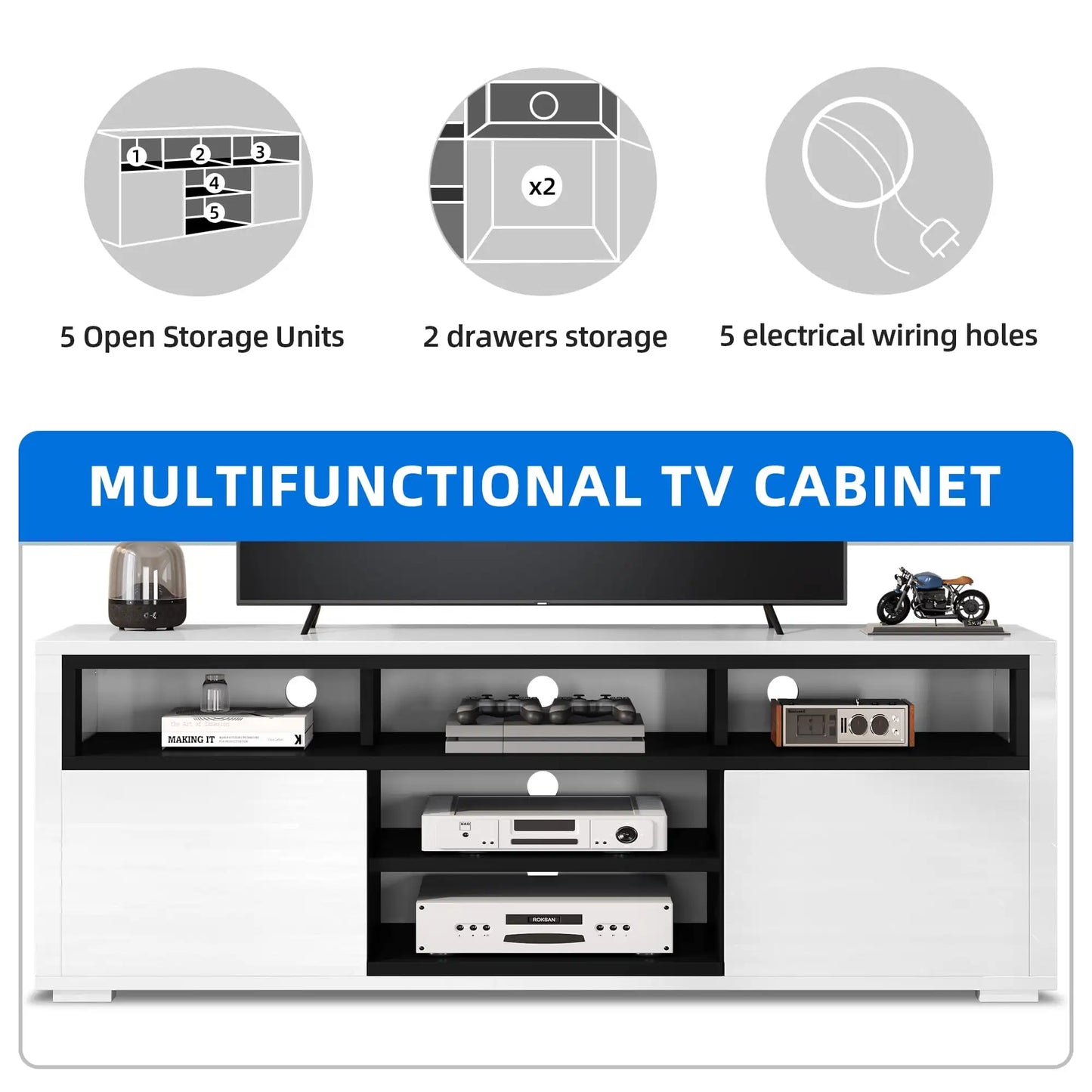 High Gloss TV Stand with LED Lights, Modern Media Console Table with Storage Cabinet for 70 Inch TV White