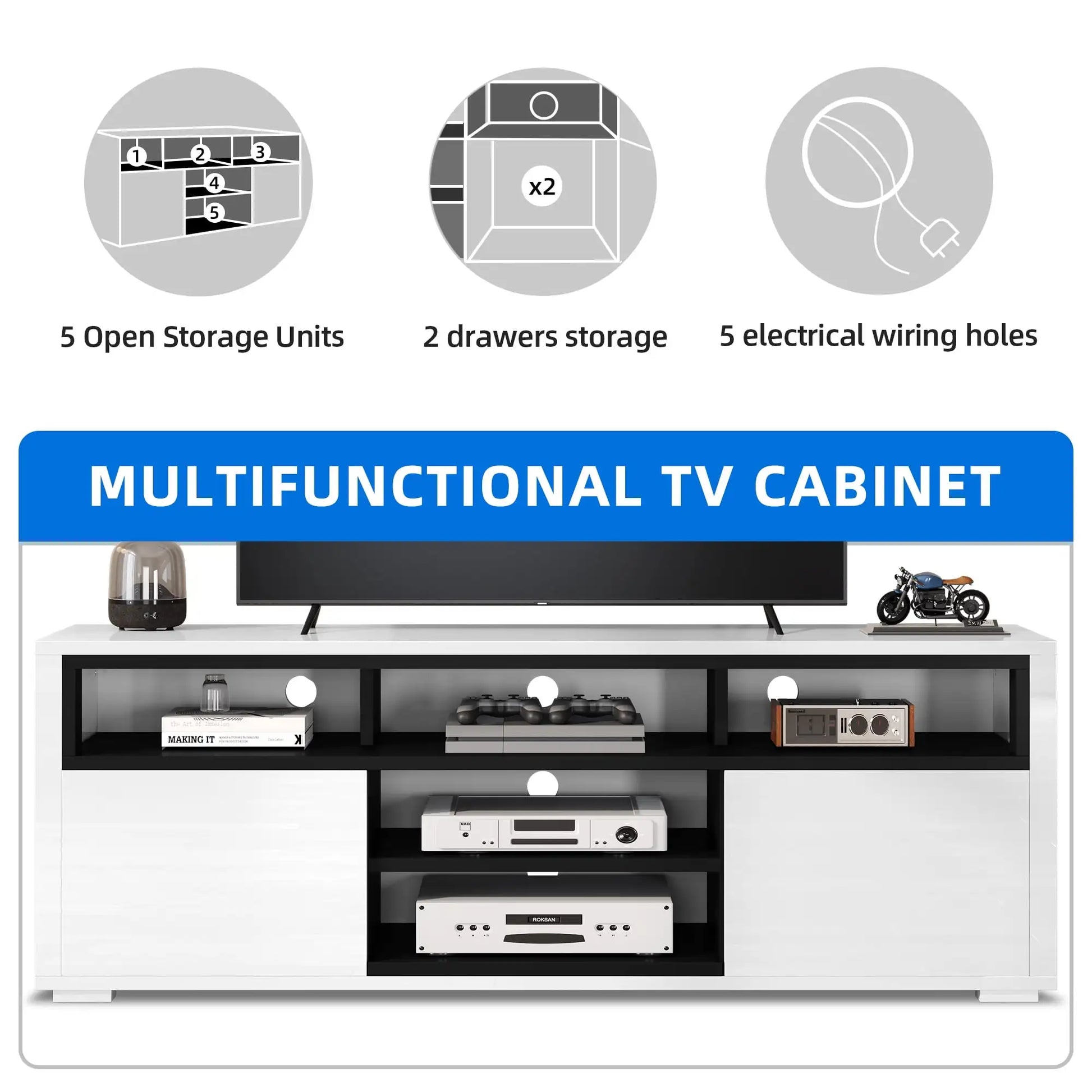 High Gloss TV Stand with LED Lights, Modern Media Console Table with Storage Cabinet for 70 Inch TV White