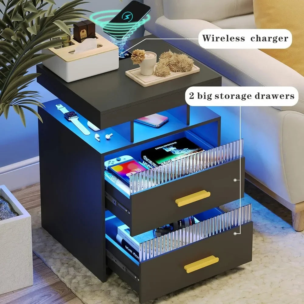 With Charging Station: All in One Nightstand with Drawers Bedside Table with LED Light & Human Sensor Design Modern End Table