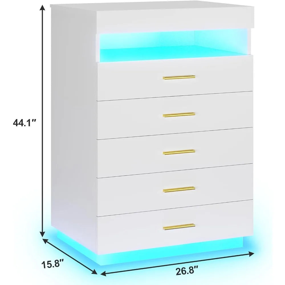 White Dressing Table with LED Lights, 5 Drawers with Pull-Out Tray and Open Space, Modern High Dressing Table
