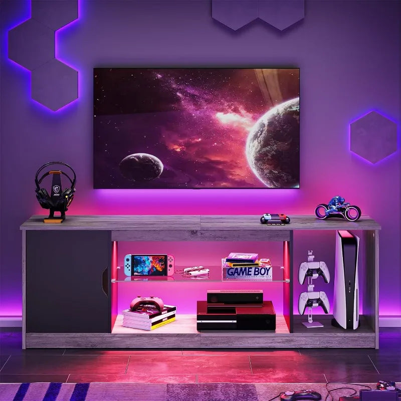 LED TV Stand for 55/60/65 Inch TV, Cabinet for PS5, Modern TV Cabinet with Adjustable Glass Shelves, Bedroom 58 Inch
