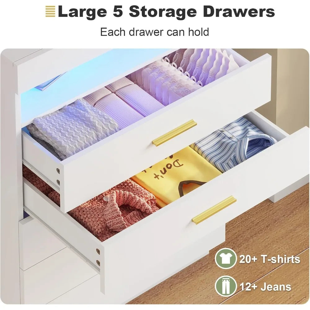 White Dressing Table with LED Lights, 5 Drawers with Pull-Out Tray and Open Space, Modern High Dressing Table