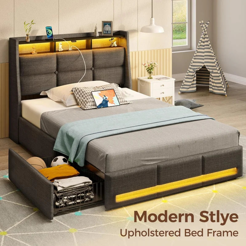 Twin Size Frame with LED Lights and Charging Station, Upholstered Bed Storage Headboard &Amp; Drawers, Heavy Duty