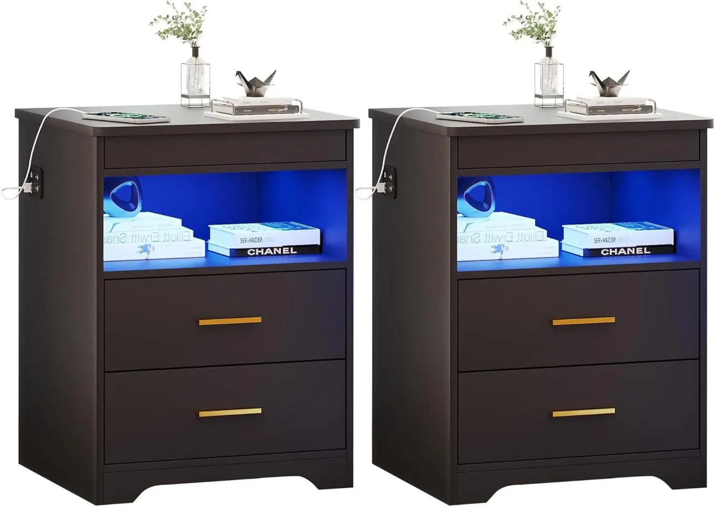 Nightstand with Gun Drawer, Charging Bedside Table with USB & Type-C Port, LED Night Stand with Human Sensor , Modern End Table