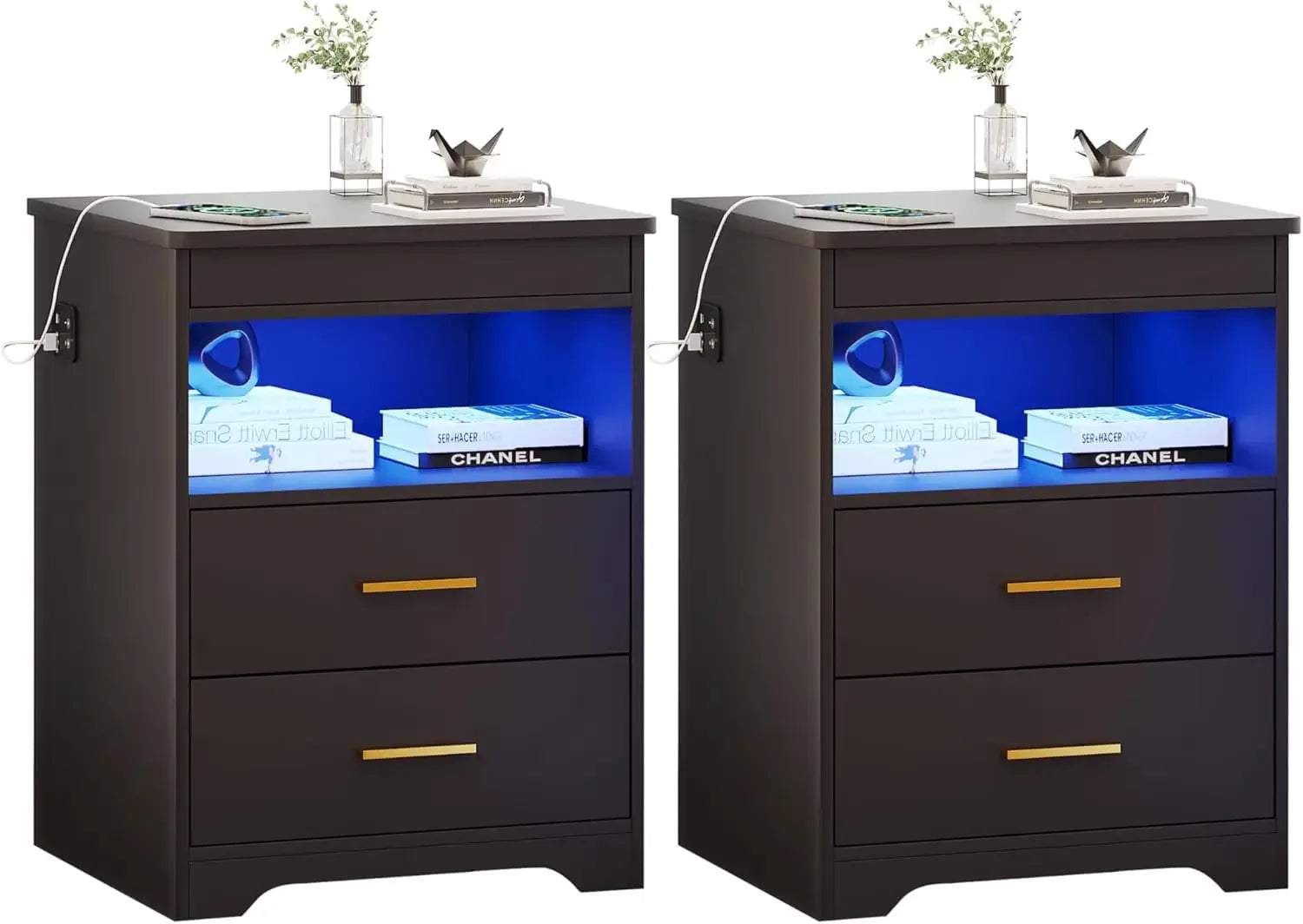 Nightstand with Gun Drawer, Charging Bedside Table with USB & Type-C Port, LED Night Stand with Human Sensor , Modern End Table