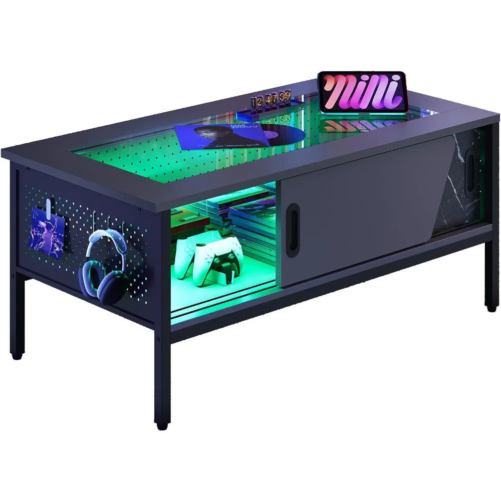 42 Inch LED Table with Storage Glass Coffee Tables for Living Room with Sliding Doors, Black Living Room Center Table