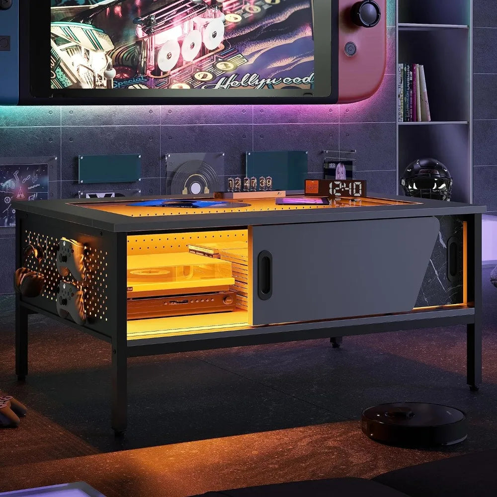 42 Inch LED Table with Storage Glass Coffee Tables for Living Room with Sliding Doors, Black Living Room Center Table