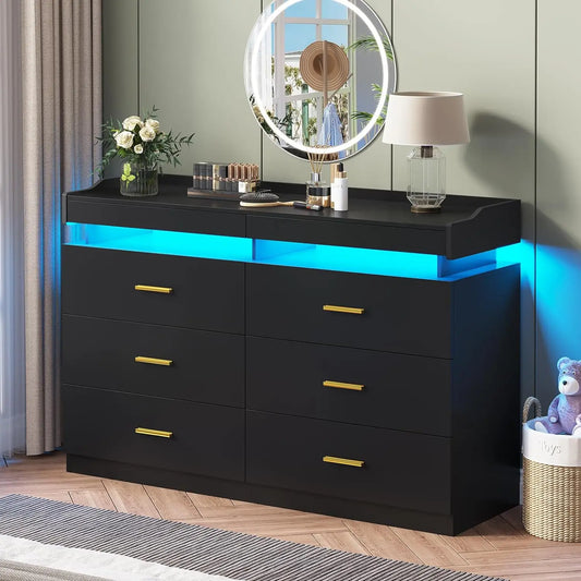 Modern Dresser 9 Drawer with LED Light,Wide Drawer Organizer Cabinet for Bedroom Living Room Chest for Closet of Wood Drawers