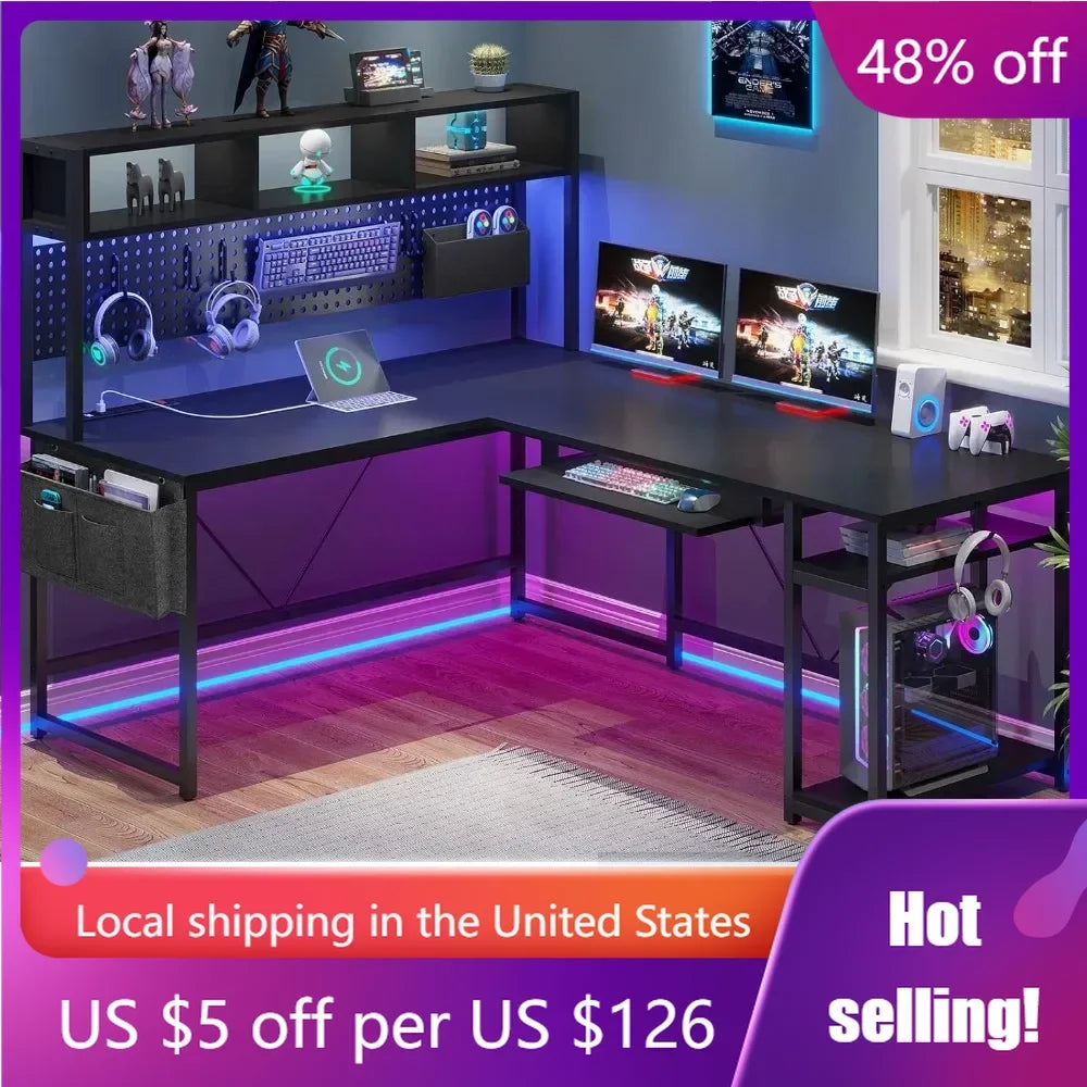 L-Shaped Game Table, Reversible Computer Desk with Power Socket and Pin Board, LED Light, Keyboard Tray for Home Office, Black