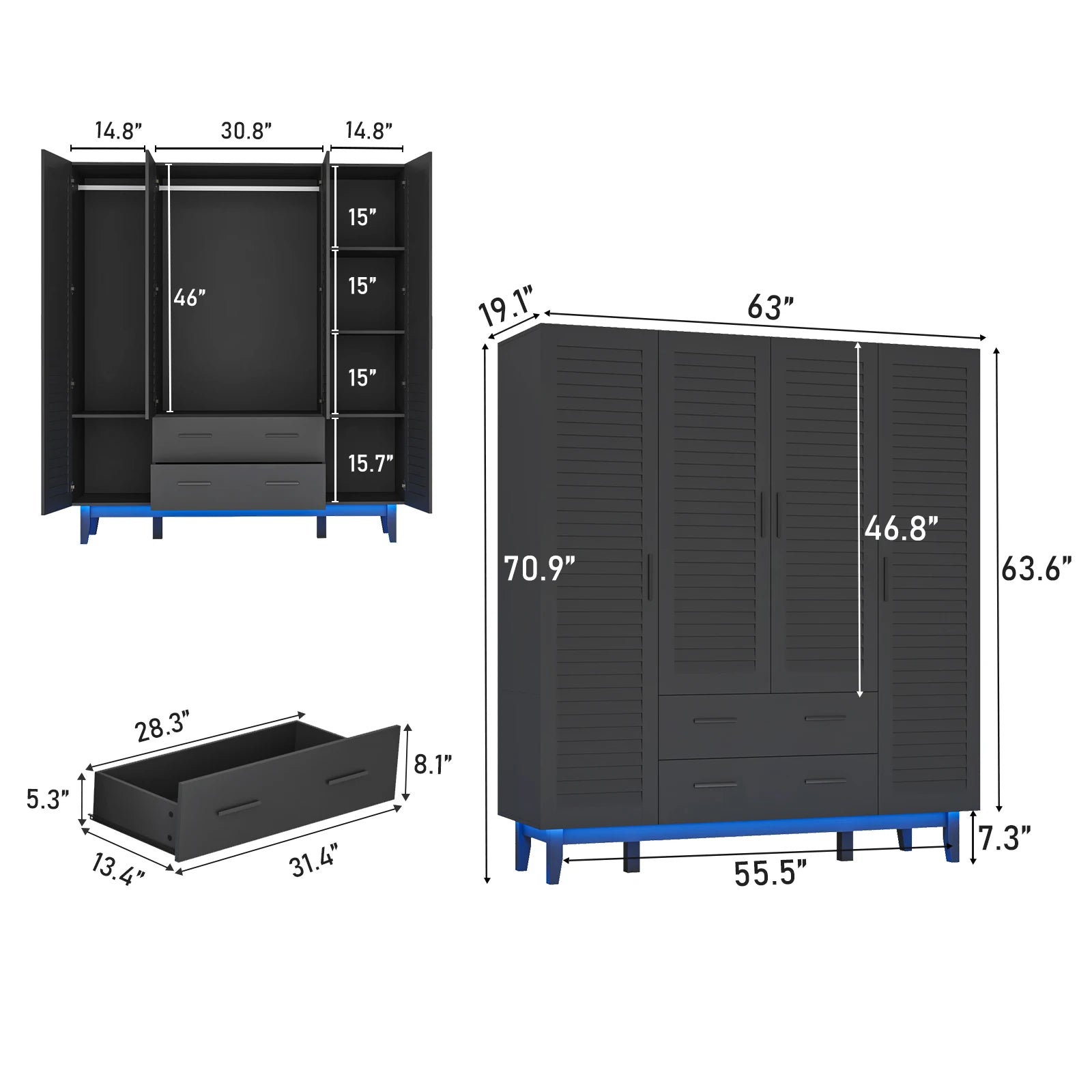 Large Capacity Storage Wardrobe Armoire for Bedroom, 4 Door LED Wardrobe with Drawers, Hanging Rod, 4 Louver Doors, Black