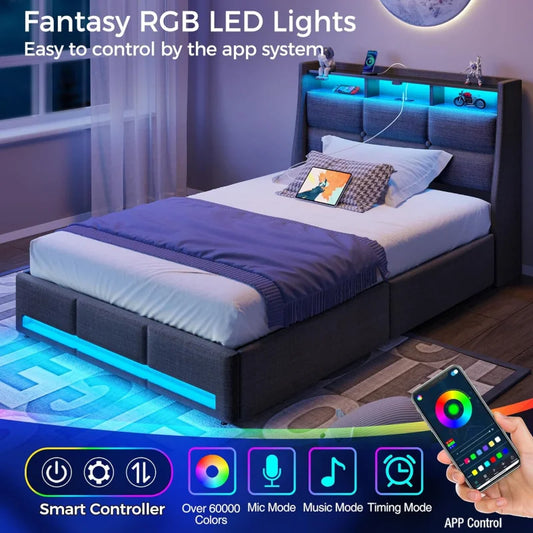 Twin Size Frame with LED Lights and Charging Station, Upholstered Bed Storage Headboard &Amp; Drawers, Heavy Duty
