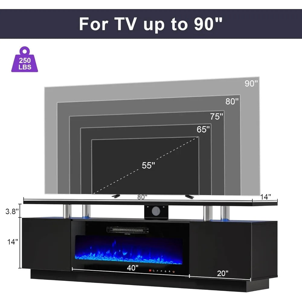 TV Stand, 80" High Gloss Media Console with 40" Electric Fireplace W/Led Lights, Open Storage Entertainment Center Holds 90" TV