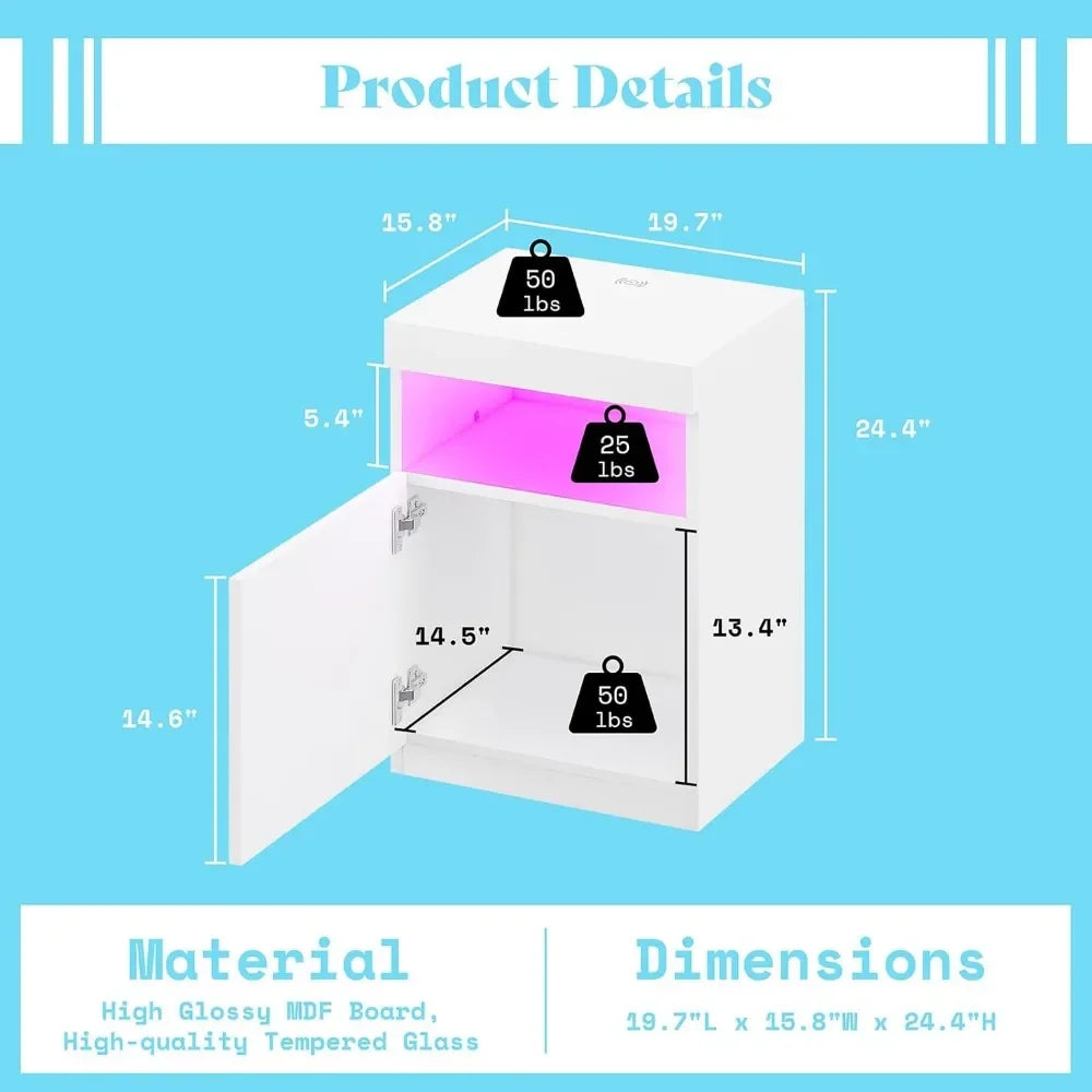 Modern Nightstand Set of 2, LED Nightstand with Wireless Charging Station, Bedside Table Cabinet ，24.4" Bedroom Furniture