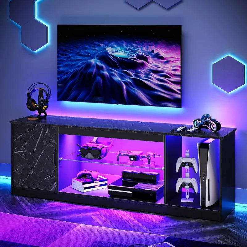 LED TV Stand for 55/60/65 Inch TV, Cabinet for PS5, Modern TV Cabinet with Adjustable Glass Shelves, Bedroom 58 Inch