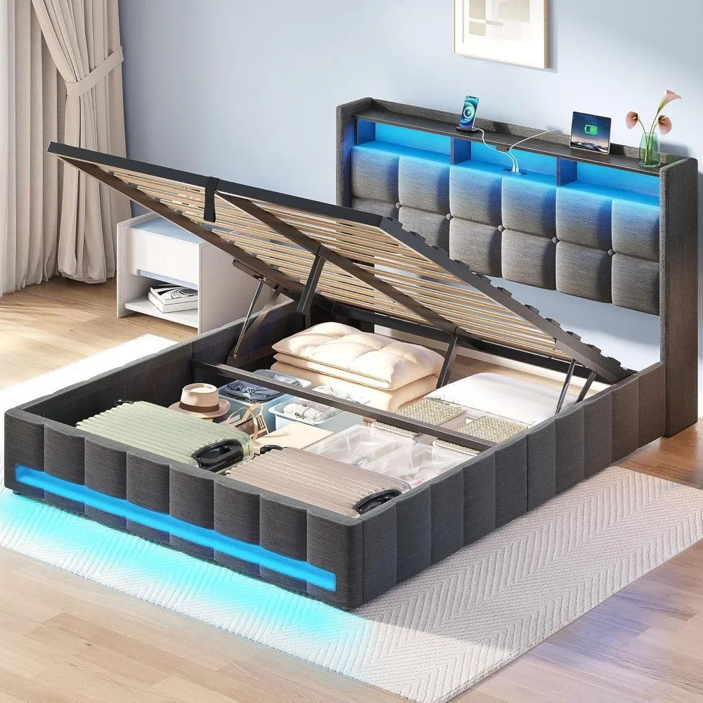 Bed Frame Queen Size with Lift up Storage, Charging Station & LED Lights, Upholstered Storage Headboard, No Box Spring Needed,