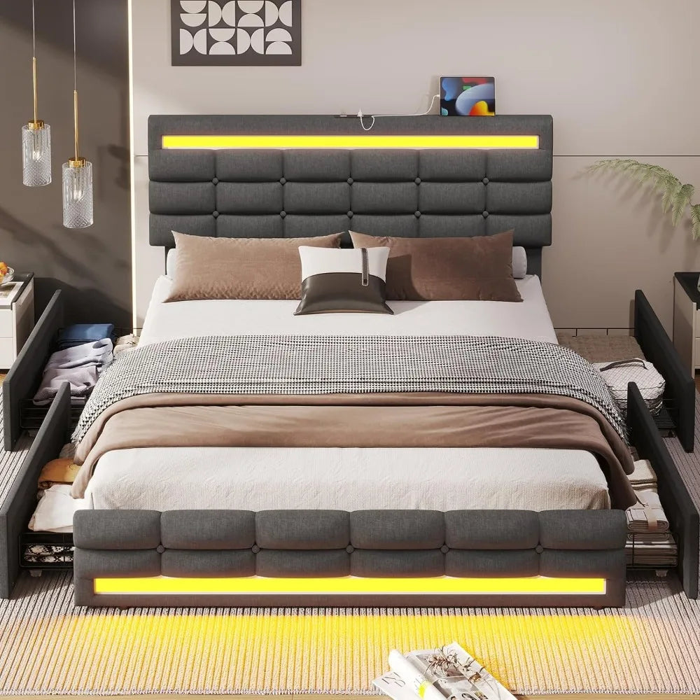 LED Bed Frame W 4 Drawers and 2 USB Charging Station, Upholstered Platform Queen Size Bed Frame W LED Lights Headboard Footboard