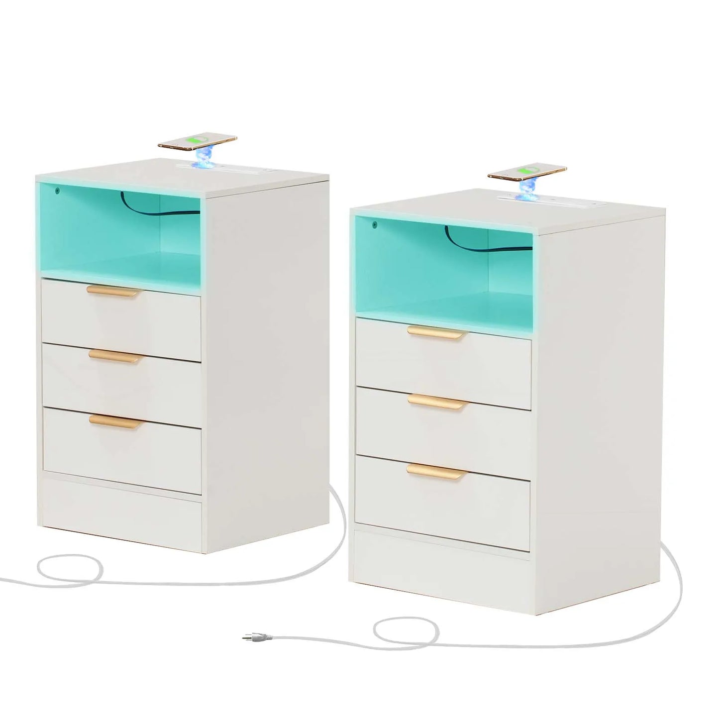 2PCS LED Nightstands Set High Gloss Bedside Table with Wireless Charging Station, Modern End Table with 3 Drawers