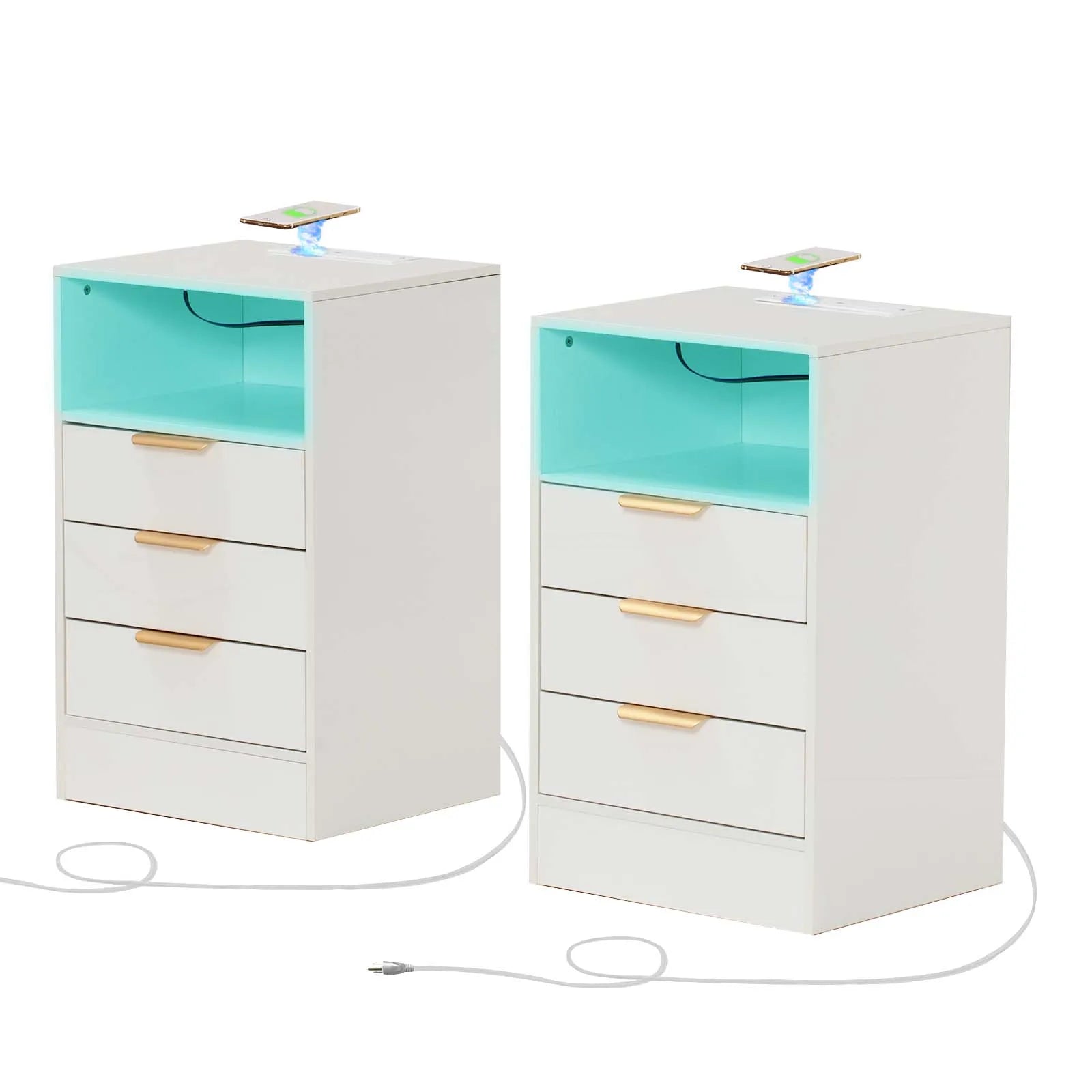 2PCS LED Nightstands Set High Gloss Bedside Table with Wireless Charging Station, Modern End Table with 3 Drawers