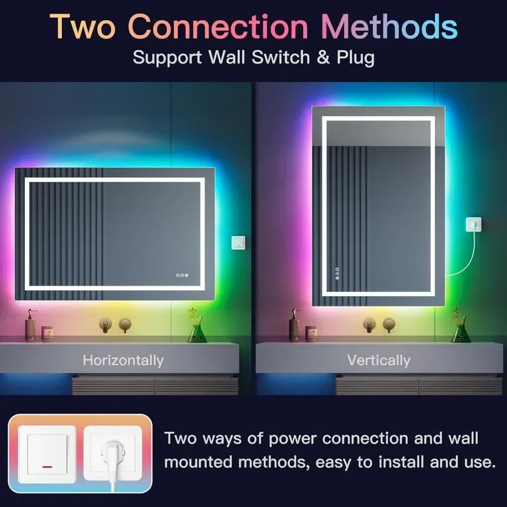 Wall Mounted Bathroom Vanity Mirror RGB LED Bathroom Mirror with Light Anti-Fog Dimmable Memory Makeup Mirrors Backlight