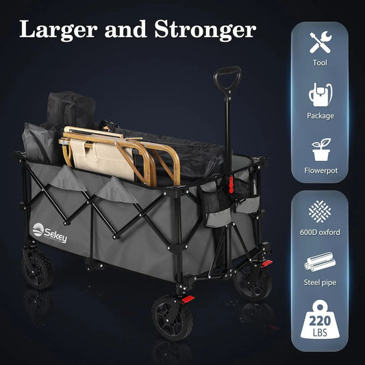 220L Collapsible Foldable Wagon with 330Lbs Weight Capacity, Heavy Duty Folding Wagon Cart with Big All-Terrain Wheels & D