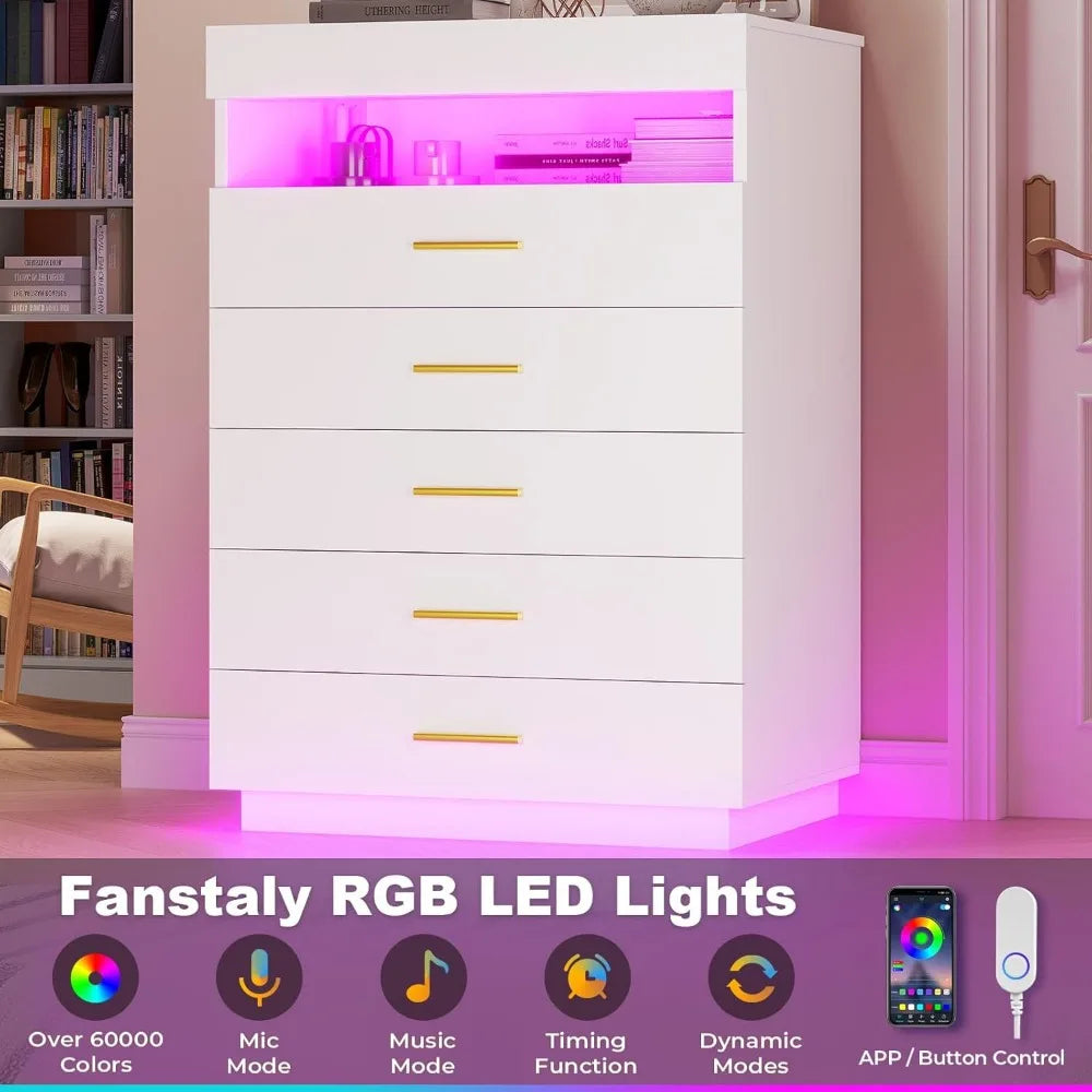 White Dressing Table with LED Lights, 5 Drawers with Pull-Out Tray and Open Space, Modern High Dressing Table