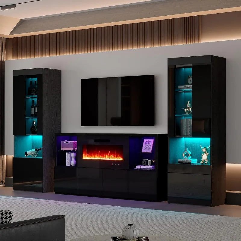 3 Piece Modern High Gloss Fireplace TV Stand + Bookcase Set ， Includes 68" TV Stand with 40" Fireplace, 2 X Bookcase with Doors