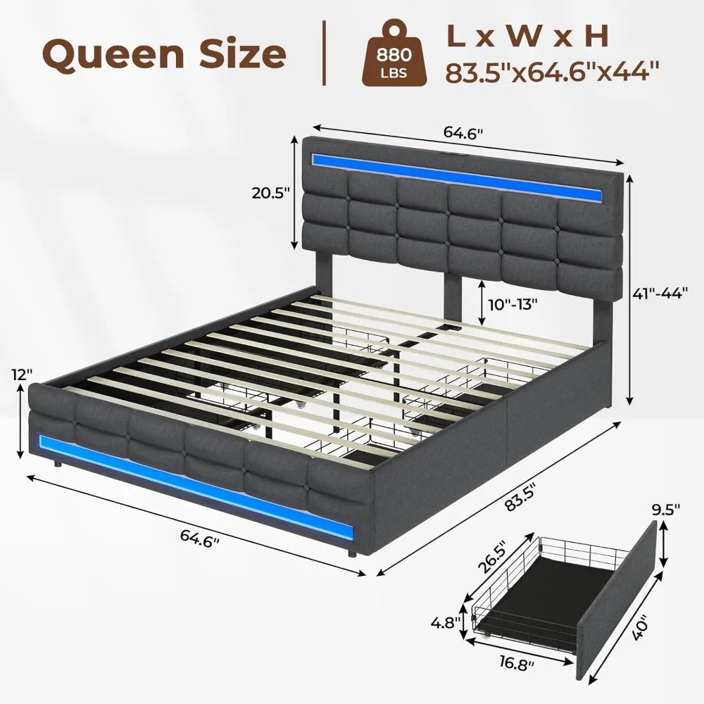 LED Bed Frame W 4 Drawers and 2 USB Charging Station, Upholstered Platform Queen Size Bed Frame W LED Lights Headboard Footboard
