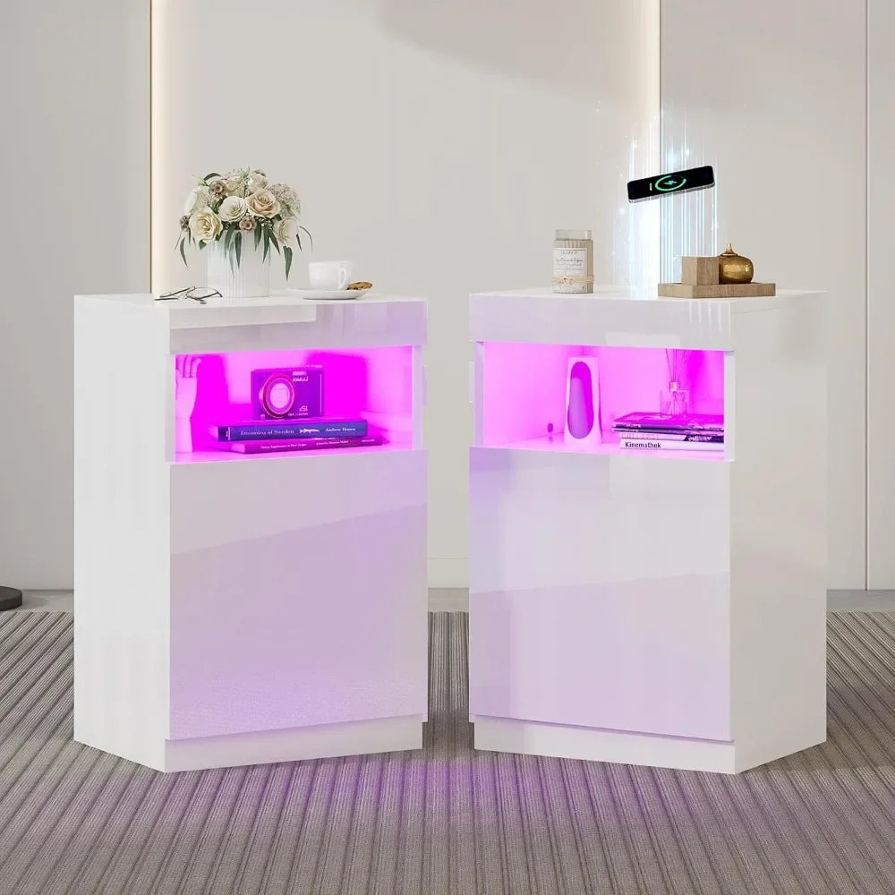 Modern Nightstand Set of 2, LED Nightstand with Wireless Charging Station, Bedside Table Cabinet ，24.4" Bedroom Furniture