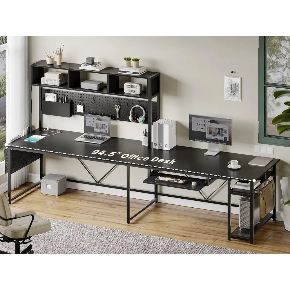 L-Shaped Game Table, Reversible Computer Desk with Power Socket and Pin Board, LED Light, Keyboard Tray for Home Office, Black