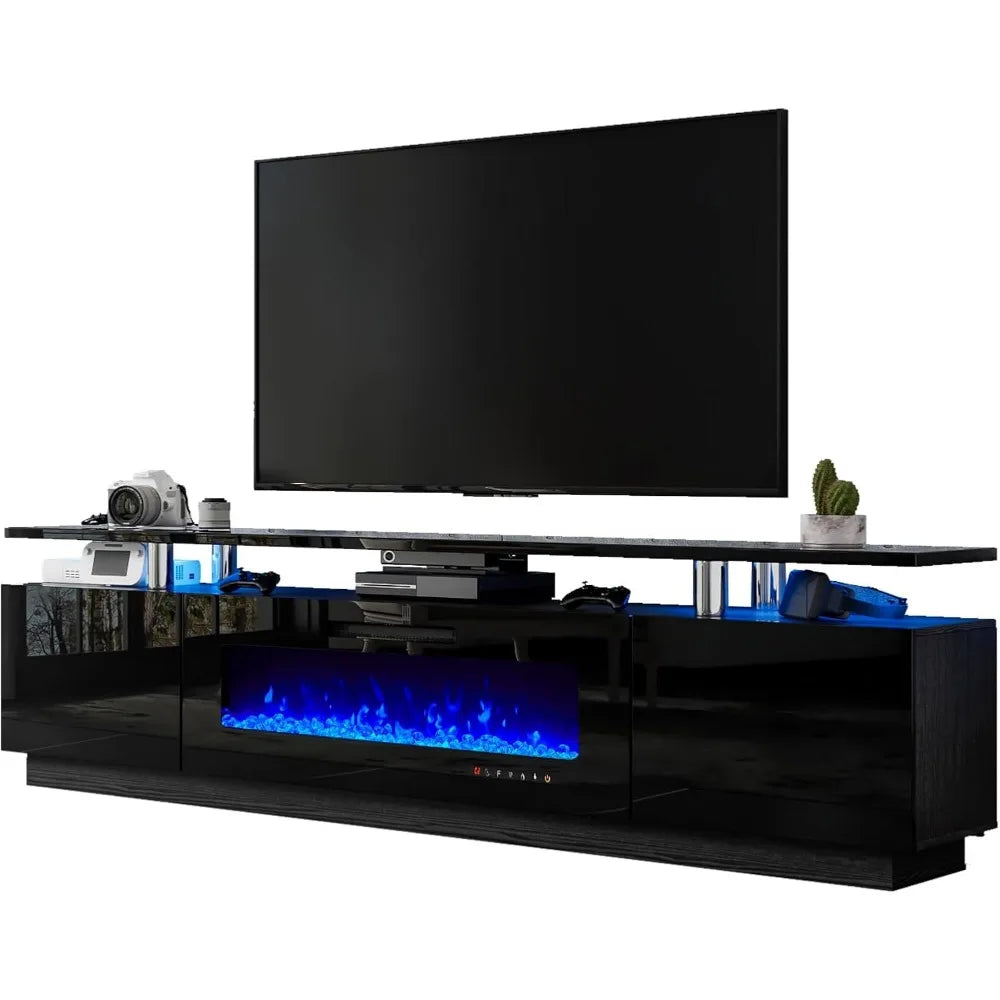 TV Stand, 80" High Gloss Media Console with 40" Electric Fireplace W/Led Lights, Open Storage Entertainment Center Holds 90" TV