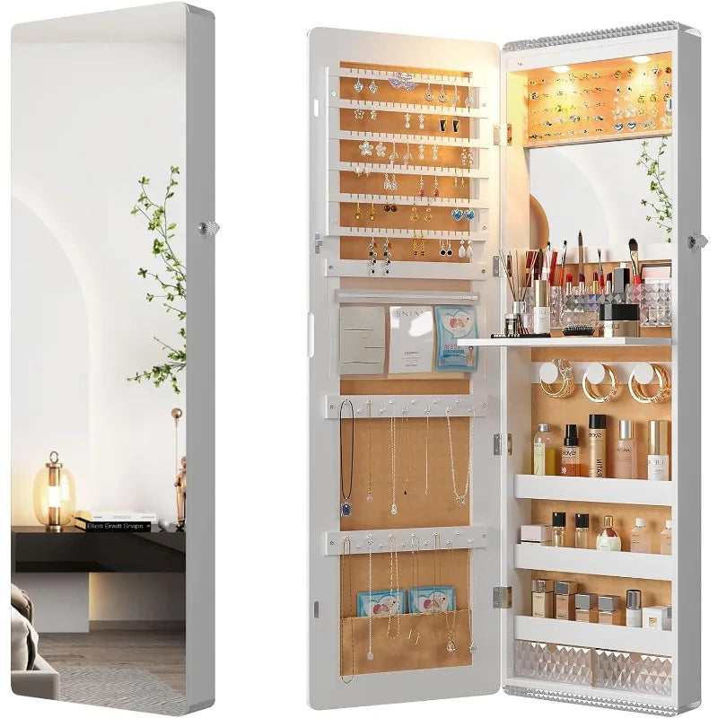 LED Mirror Jewelry Cabinet with RGB Lights,47.2" Wall Mounted Jewelry Organizer with Full-Length Mirror,Over the Door Hanging