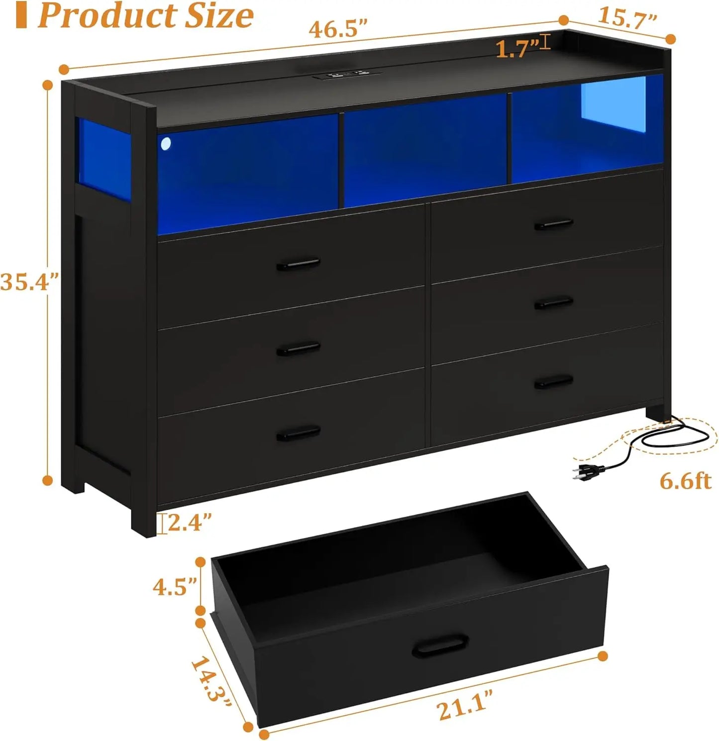 6 Drawer Dressers & Chests of Drawers with Power Strip, Modern Dressers Wooden Storage Cabinet for Adults