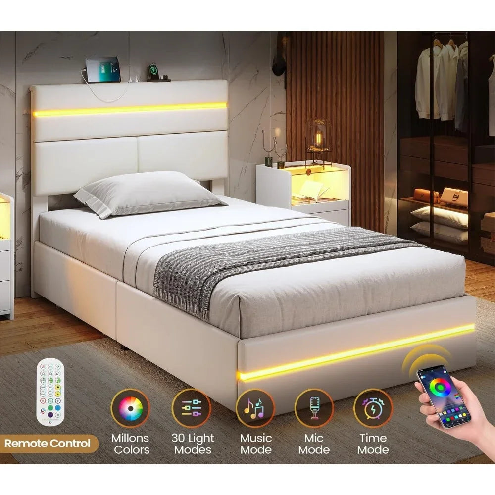 Twin Size Bed Frame with 4 Storage Drawers & Headboard, Charging Station, Led Upholstered Bed Frame