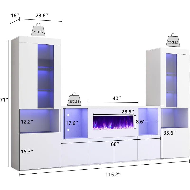 3 Piece Modern High Gloss Fireplace TV Stand + Bookcase Set ， Includes 68" TV Stand with 40" Fireplace, 2 X Bookcase with Doors