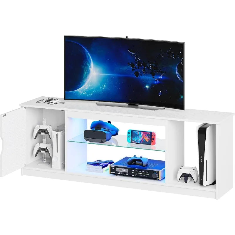 LED TV Stand for 55/60/65 Inch TV, Cabinet for PS5, Modern TV Cabinet with Adjustable Glass Shelves, Bedroom 58 Inch