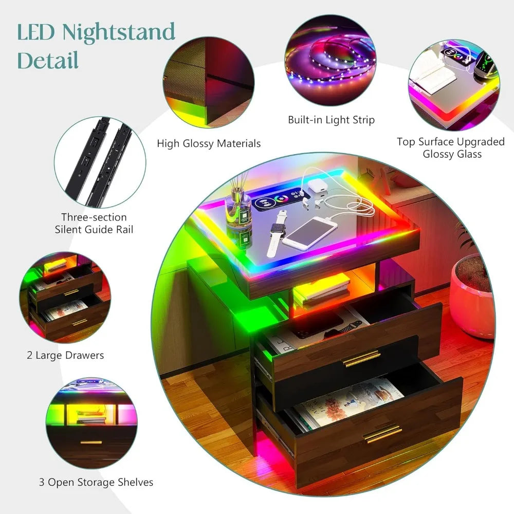 LED Nightstand Set of 2 with Wireless Charging & USB Ports, Dazzling Light, Glass Light Strip Panel, Smart RGB LED Nightstand