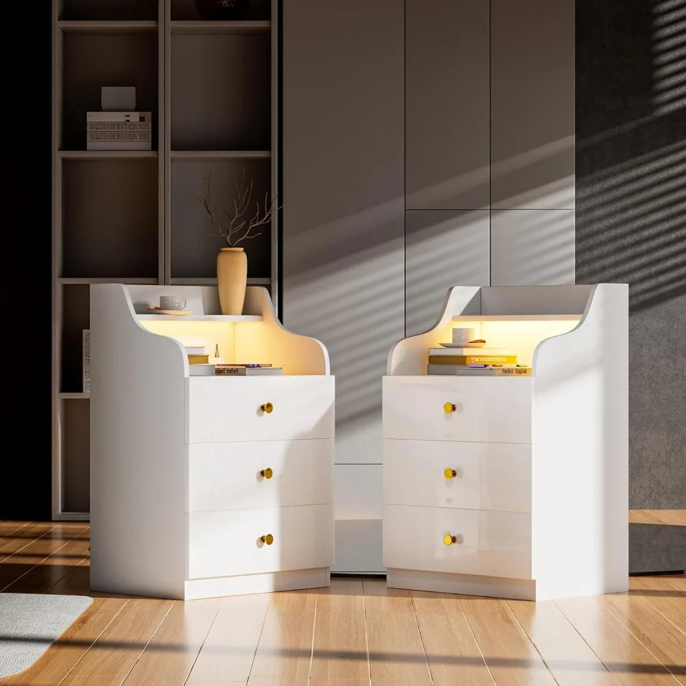 LED Nightstand Set of 2 with 3 Drawers, I Flapping Top Box for Bedroom, Living Room, High Gloss Panel Modern LED Nightstand