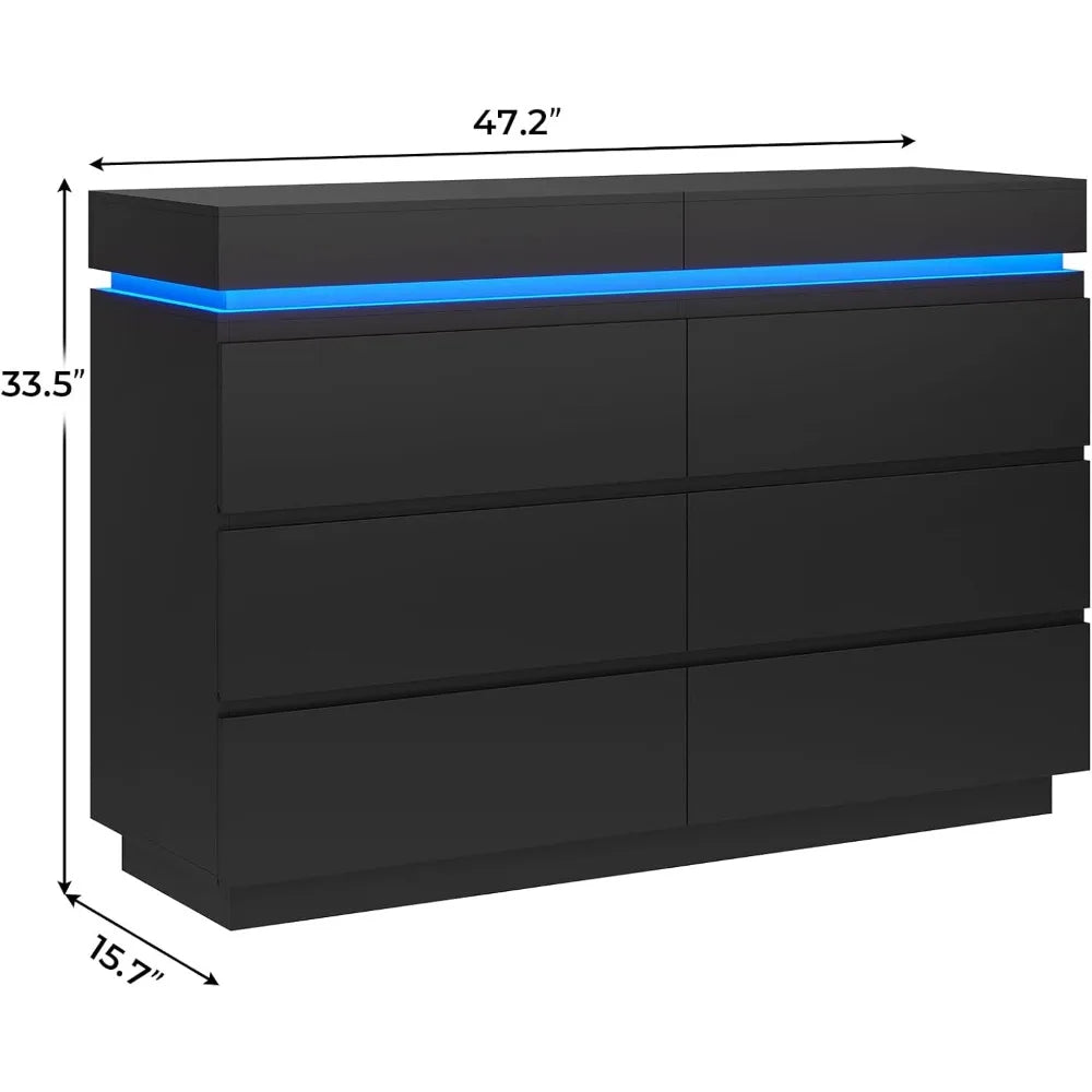 6-Drawer Vanity, Sliding Tabletop, Wide Chest of Drawers with Charging Station and LED Lights, Large Cabinet for Clothes Storage
