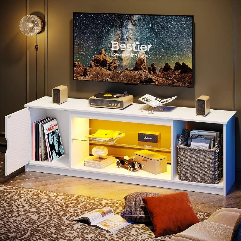 LED TV Stand for 55/60/65 Inch TV, Cabinet for PS5, Modern TV Cabinet with Adjustable Glass Shelves, Bedroom 58 Inch