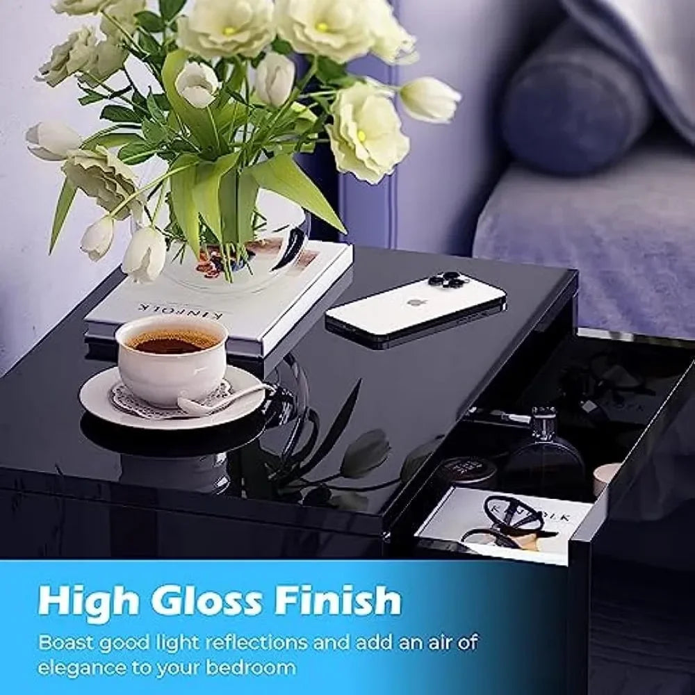LED Nightstands Set of 2, Bedside Tables with LED Lights, Night Stands with High Gloss Drawers, Remote, End Tables Side Tables