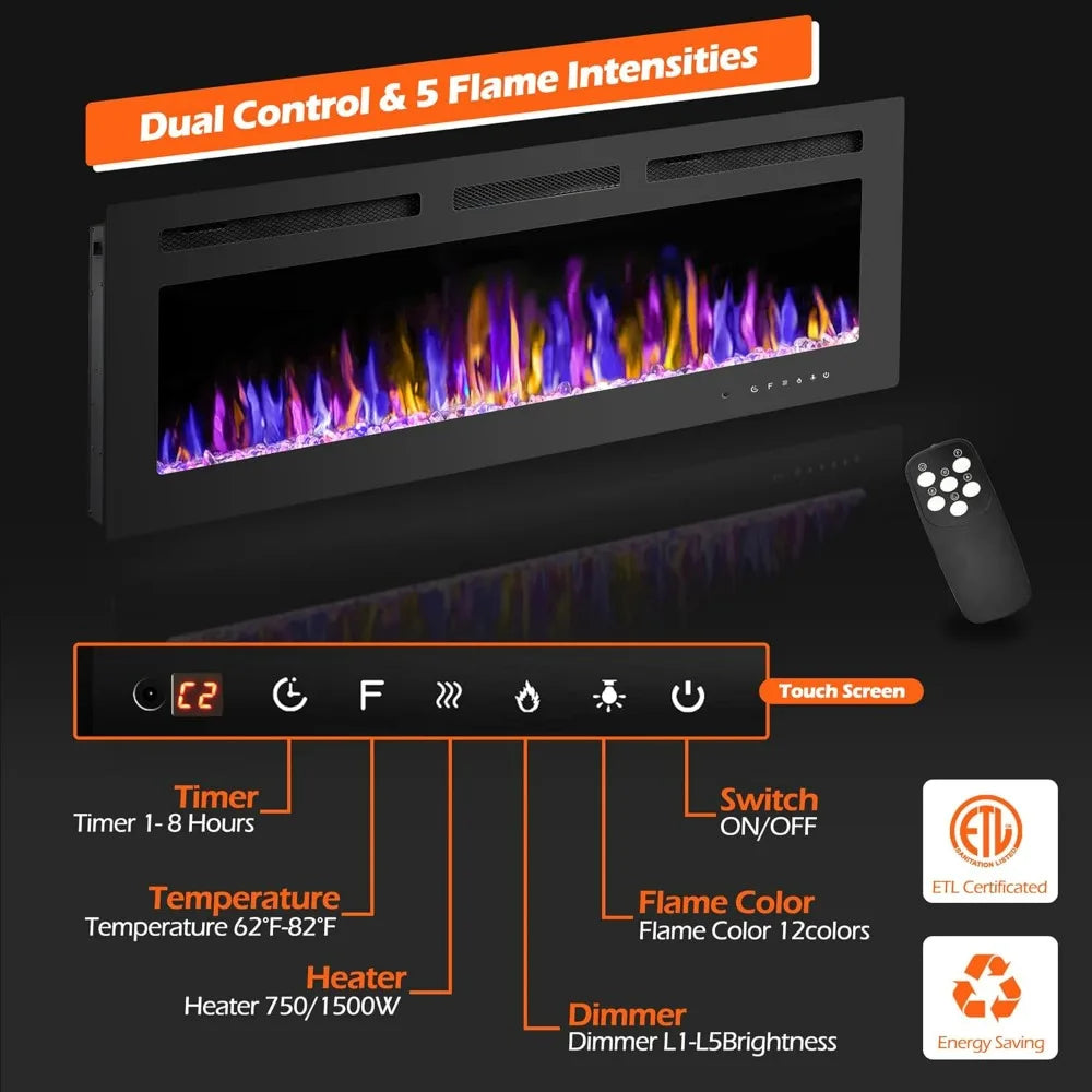 50" Electric Fireplace Wall Mounted and Recessed with Remote Control, 750/1500W Ultra-Thin Wall Fireplace Heater W/Timer