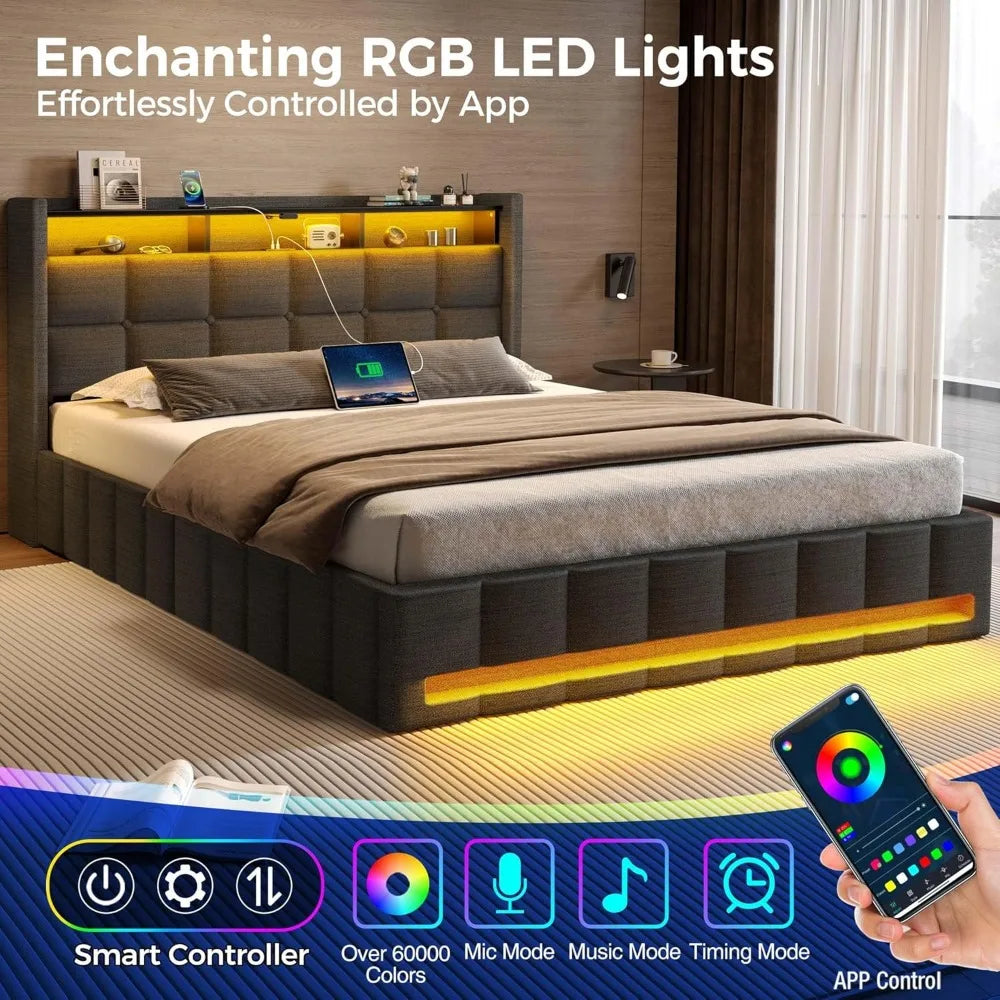 Bed Frame Queen Size with Lift up Storage, Charging Station & LED Lights, Upholstered Storage Headboard, No Box Spring Needed,