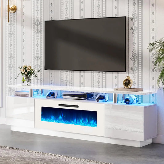 TV Stand, 80" High Gloss Media Console with 40" Electric Fireplace W/Led Lights, Open Storage Entertainment Center Holds 90" TV