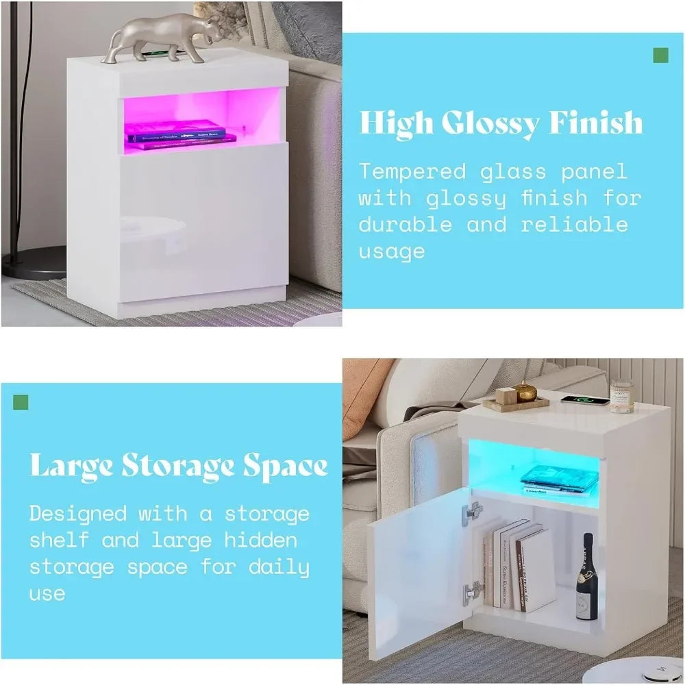 Modern Nightstand Set of 2, LED Nightstand with Wireless Charging Station, Bedside Table Cabinet ，24.4" Bedroom Furniture