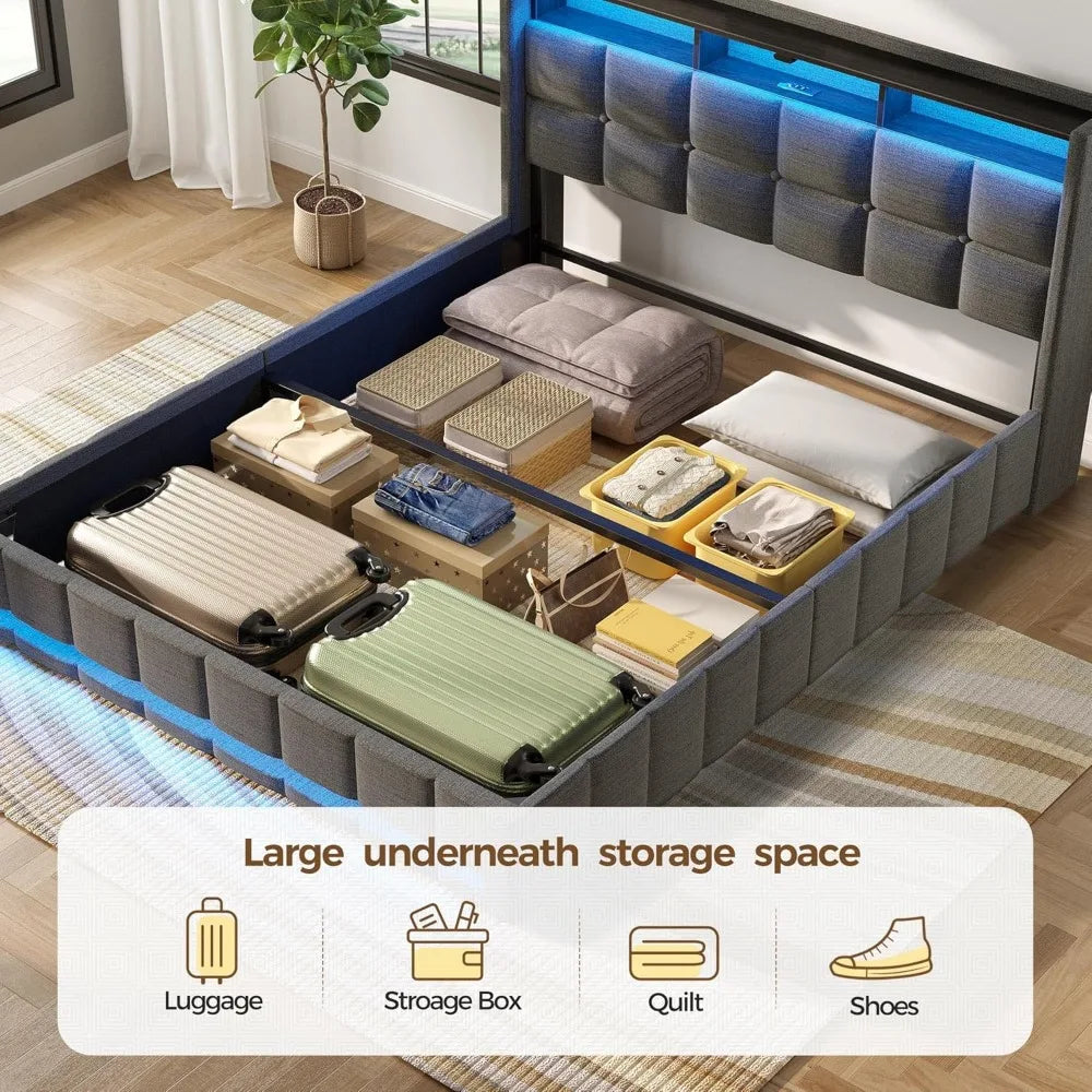 Bed Frame Queen Size with Lift up Storage, Charging Station & LED Lights, Upholstered Storage Headboard, No Box Spring Needed,