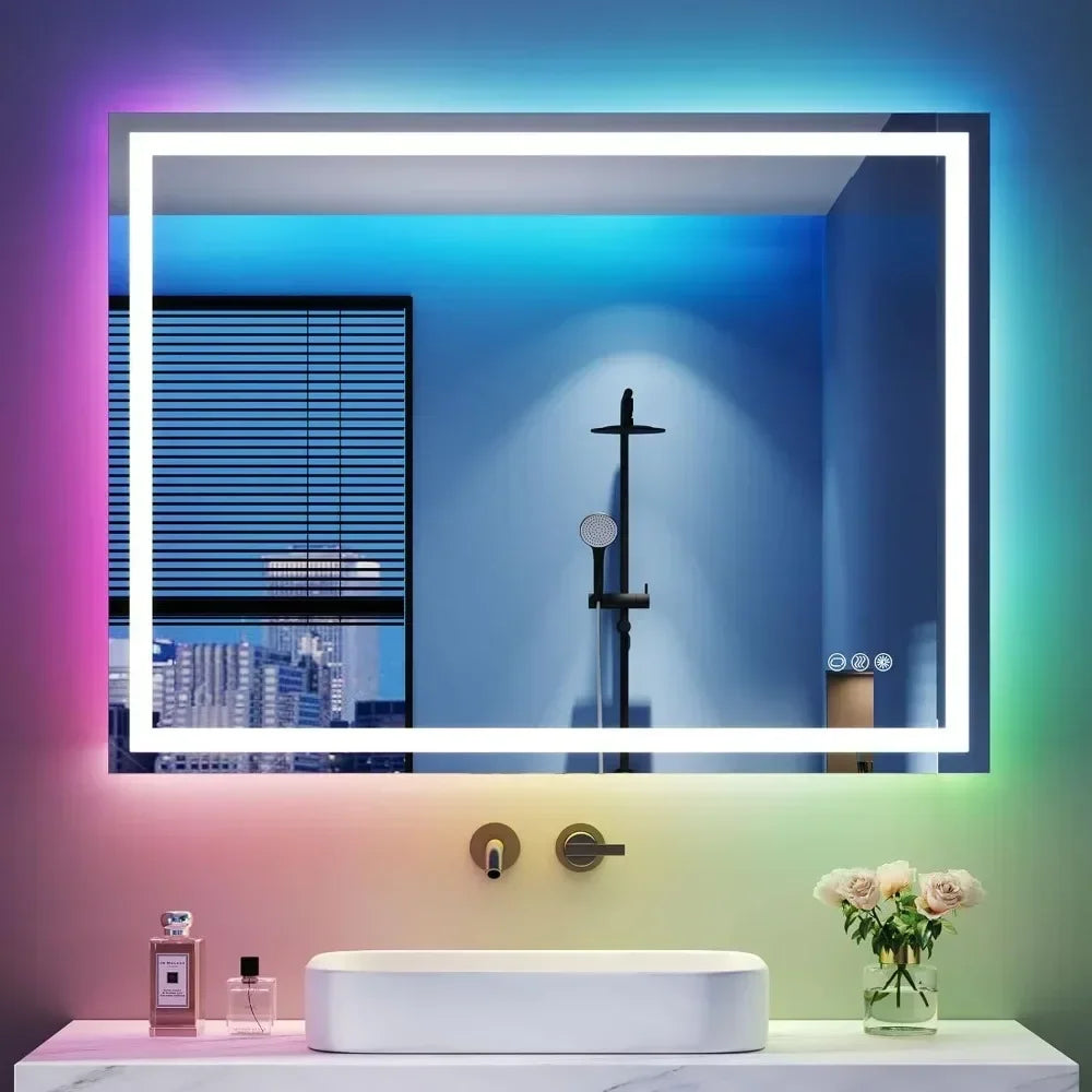 Wall Mounted Bathroom Vanity Mirror RGB LED Bathroom Mirror with Light Anti-Fog Dimmable Memory Makeup Mirrors Backlight